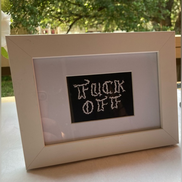 Handmade Needlepoint FUCK OFF White wood and glass frame over black cloth New! - Picture 3 of 5